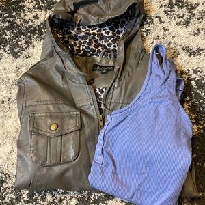 Grey leather jacket/ blue bodysuit bundle